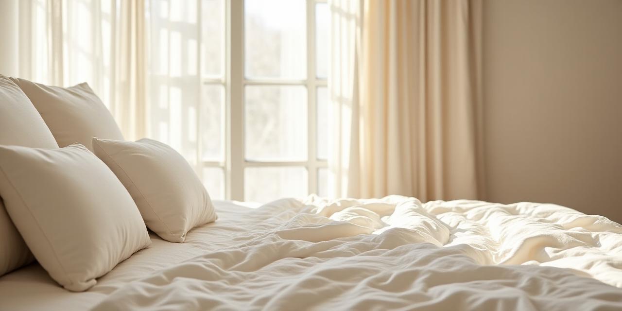 Ethereal light-filled bedroom with crumpled ivory linen sheets