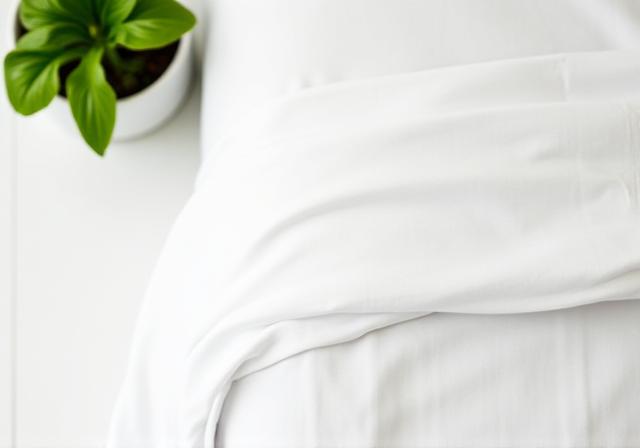 Crisp white percale sheets folded neatly on a stool