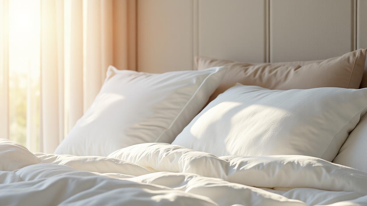 A serene bedroom scene with luxury pillows and folded duvets